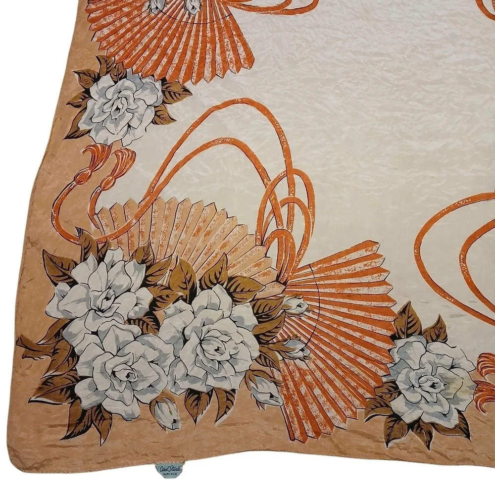Vintage Carol Stanley Floral and Fan Patterned Scarf
